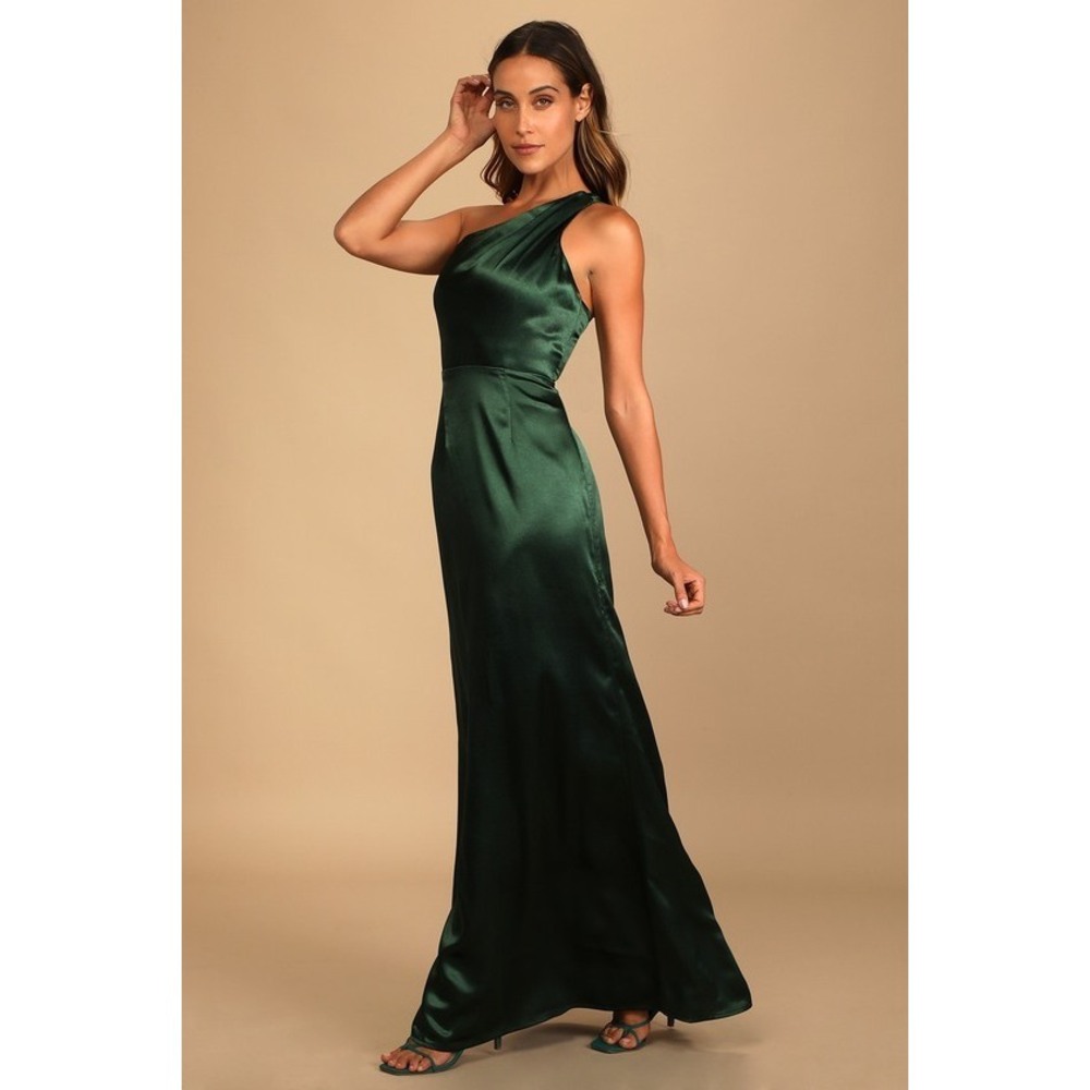 Lulus On The Guest List Emerald Green Satin One-shoulder Maxi Dress - Size S